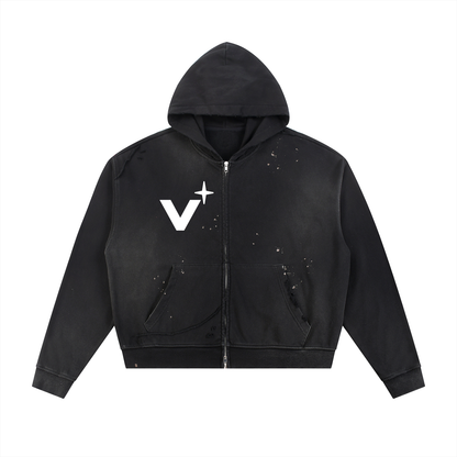 Sun Fade Frayed Raw Edge Fleece Zip Hoodie