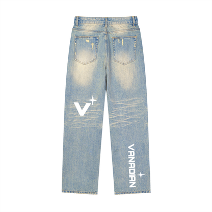 Sun Fade Raw Hem Denim Jeans