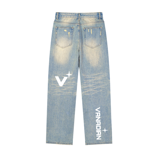 Sun Fade Raw Hem Denim Jeans